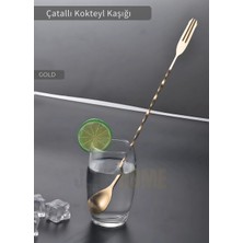 Jet's Home Gold Kokteyl Kaşığı Çift Başlıklı Paslanmaz Barista Kaşığı Çatallı Barmen Kaşığı Çelik 30 cm
