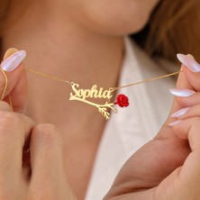 Hom Silver Jewelry 925 Ayar Gümüş Kişiye Özel Isimli Kırmızı Gül Tasarımlı Kadın Kolye HSJ0251