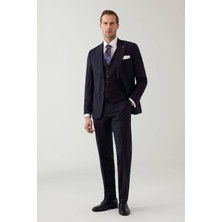Ysf Erkek Lacivert Sivri Yaka Slim Fit Yelekli Takım Elbise