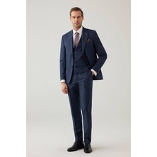 Ysf Erkek Lacivert Slim Fit Yelekli Sivri Yaka Kareli Takım Elbise