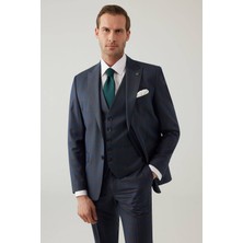 Ysf Erkek Lacivert Slim Fit Sivri Yaka Kareli Yelekli Takım Elbise