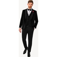 Ysf Erkek Siyah Yelekli Şal Yaka Slim Fit Damatlık