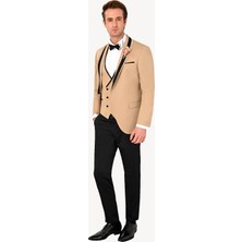 Ysf Erkek Bej Slim Fit Yelekli Şal Yaka Damatlık