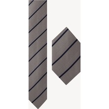 Ysf Erkek Gri Çizgili Desenli Kravat Mendilli Set