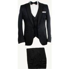 Ysf Erkek Siyah Slim Fit Kırlangıç Yaka Yelekli Damatlık