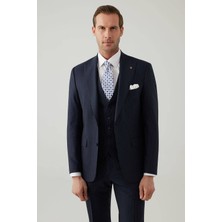 Ysf Erkek Lacivert Slim Fit Sivri Yaka Yelekli Yün Takım Elbise