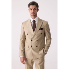 Ysf Erkek Bej Slim Fit Yün Kruvaze Takım Elbise