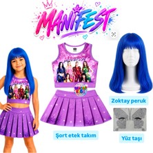 Bemora Kids Manifest Mor Etek Bluz Alt Üst 2 Li Takım Şort Etek Kız Çocuk Alt Üst Takım Manifest Zoktay Mavi Peruk - Yüz Taşı Seti Parti Konser Doğum Günü Plaj Giyim