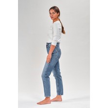 Vavien Vav 2032-ORTA Mavi Yüksek Bel Likralı Denim Kadın Pantolon