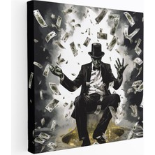 Popcas Sürreal Gangster Silueti ile Uçan Dolar ve Oyun Kartları Motifli Özgün Kanvas Duvar Tablosu