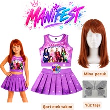 Bemora Kids Manifest Mor Etek Bluz Alt Üst 2 Li Takım Şort Etek Kız Çocuk Alt Üst Takım Manifest Mina Peruk - Yüz Taşı Seti Parti Konser Doğum Günü Plaj Giyim