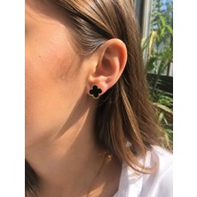 Atalya Accessory Kadın Siyah Dört Yapraklı Yonca Figürlü Gold Renk Çelik Çivi Küpe