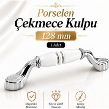 Nzb Porselen Beyaz Krom Kulp 128 mm 12.8 cm Mobilya Çekmece Dolabı Dolap Kapak Kulplar Kulb Kulpu