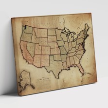 Popcas Retro Amerika Birle Devletleri Haritası Modern Sanat Tarzında Esintili Kanvas Duvar Tablosu