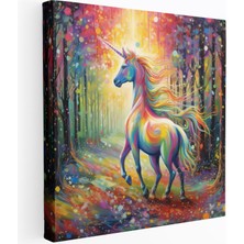 Popcas Gökkuşağılı Unicorn Motifli Büyülü Orman Manzarası ile Parıltılı Duvar Tablosu