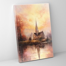 Popcas Kilise Motivli Yumuşak Fırça Darbeleri ile Eşya Gündoğumu Manzaralı Görünüm Kanvas Duvar Tablosu