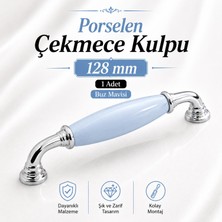 Nzb Mavi Porselen Krom Kulp 128 mm 12.8 cm Mobilya Çekmece Dolabı Dolap Kapak Kulplar Kulb Kulpu