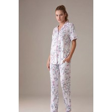 Modern Çiçek Desenli Pembe Beyaz Pijama Takımı