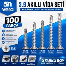 5n Vera 100 Parça Yhb Akıllı Vida Seti | 3.9 Kendinden Delici Matkap Uçlu Sac ve Metal Vidası | Ph2 Uyumlu | 3.9X13 3.9X19 3.9X22 3.9X32 3.9X38