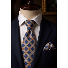Kravatkolik Bej Mavi Motif Desen Mendilli Klasik Kravat KK13939