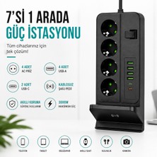 Smayling 4'lü Akım Korumalı Masaüstü Priz | 4 Usb-A + 2 Type-C Hızlı Şarj | Kablosuz Şarj Standlı | 2 Metre Kablolu Çoklu Priz