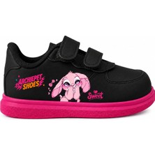 Sevimli Pembe Tavşan Baskılı Siyah Pembe Taban Bantlı Çocuk Spor Ayakkabı Sneaker
