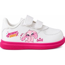 Pembe Tavşancık Baskılı Beyaz Pembe Taban Bantlı Çocuk Spor Ayakkabı Sneaker