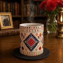Mergen Craft & Studio Türk Kilim Motifli Baskılı Porselen Kupa Bardak | Etnik Desenli ve Türk Kültürü Temalı Kahve ve Çay Kupası | Koleksiyonluk Özel Tasarım Bardak