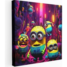 Popcasso Abstrakt Neon Sanat ile Minions Motifli Modern Sanat Dekoratif Kanvas Tablo