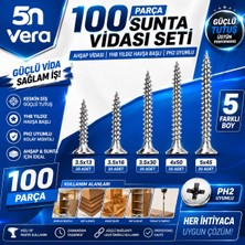 5n Vera 100 Parça Sunta Vidası Seti | Ahşap Vidası | Yhb Yıldız Havşa Başlı | Ph2 Uyumlu | 3.5X13 3.5X16 3.5X30 4X50 5X45