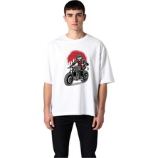 PayBuy Erkek Oversize Tişört Motorsiklet Güneş Gözlüklü Kedi Baskısı Şehir Ufku Grafik Günlük Rahat Modern