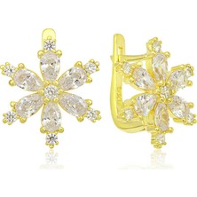 Gumush Gümüş Gold Beyaz Lotus Çiçeği Kadın Küpe