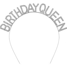 Ankaverse Gümüş Renk Kristal Taşlı Parlak Birthday Queen Yazılı Kraliçe Taç 16X17 cm