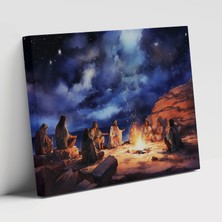 Popcas Taş Devri Göçebe Kabile Mezolitik Motifli Ateş Çemberi Modern Sanat Duvar Tablosu