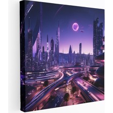 Popcasso Metropolis Motifli Gelecekçi Şehir Manzarası Mor Renkler ile Çağdaş Dekoratif Kanvas Tablo