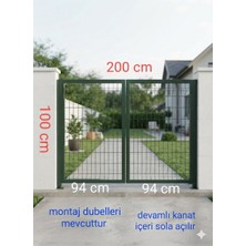 Bahçe Kapısı Panel Çit Kapı Üsten Mandallı Eni 200 cm Yükseklik 100 cm Iki Kanatlı Yeşil  Renk Tel Göz Aralığı 5X15 cm Pevrazlı