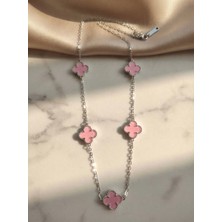 Meneva Aksesuar Pembe Mineli 5’li Yonca Gümüş Silver Renk Zincirli Paslanmaz Çelik Kolye