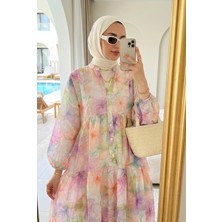 Kirazca Butik Kadın Rengarenk Bahçe Desenli Tesettür Elbise (Astarsız)
