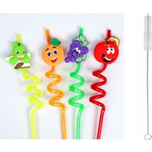 Hereveoyuncak 5 Parça Renkli Pipet Seti - Emojili Spiral Kokteyl- Çocuk Pipetti Temizleme Fırçalı