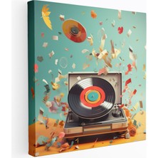 Popcasso Çok Renkli Plak Çalar Nostaljik Canlı Renkler ve Müzik Notaları Teması Kanvas Duvar Tablosu