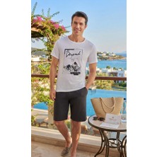 Seamlife Çağrı 9838 Beyaz Füme Beyond Paradise Cepli Yarım Kollu Penye Şort Takım