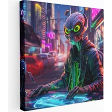 Popcas Uzaylı Dj Motifli Neon Renklerle Hazırlanmış Dekoratif Kanvas Tablo