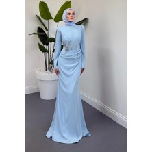 Merven Akyüz Nobella Taşlı Drapeli Abiye Bebe Mavisi