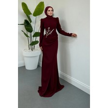 Merven Akyüz Nobella Taşlı Drapeli Abiye Bordo