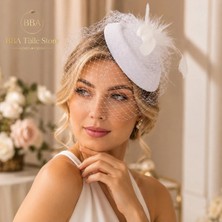BBA Tulle Store KLP02 Nikah Tacı, Nikah Şapkası, Kafes Duvak, Gelin Saç Aksesuarı, Beyaz Nikah Tacı, Dış Çekim Aksesuarı, Tüylü Nikah Şapkası, Fransız Tül