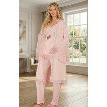 Lohussa Yeni Sezon Pudra Hamile Şık Dantel Detaylı Emzirme Özellik Uzun Kol Sabahlık Pijama Takım 3'lü Set