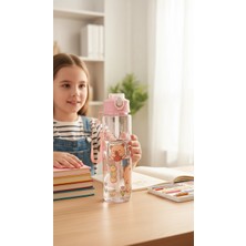 Bymyhand Pembe Hayvan Figürlütaşıma Kulplu Kilit Kapaklı Pipetli Suluk Okul Matarası 1000 ml