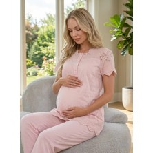 Lohussa Yeni Sezon Pudra Keten Fistolu Yazlık %100 Pamuk Kısa Kollu Tasarım Hamile Lohusa Pijama Takımı