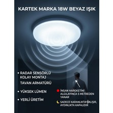 Kartek 18W Ledli Radar Sensörlü Sıva Üstü Tavan Armatürü - Yüksek Lümen, Akıllı Aydınlatma,aydınlatma Glop Armatürü LED Avize Aplik Balkon Banyo Koridor Lambası LED (Beyaz)