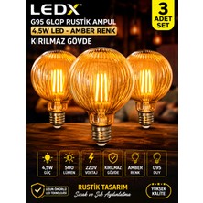 Ledx 3 Adet G95 Rustik LED Ampul 4,5W Amber E27 ,balon Kırılmaz GÖVDE,500 Lümen,dekoratif Vintage Edison Glop Ampul 220V, Enerji Tasarruflu Uzun Ömürlü LED Lamba Seti